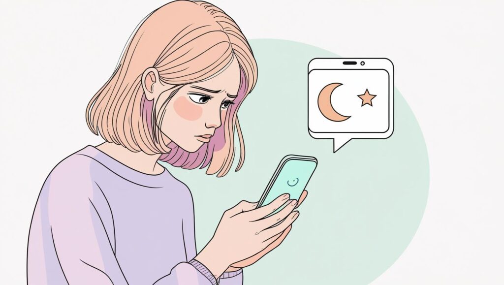  悩みを抱え、スマホの画面（占いのチャット画面のようなイメージ）を見つめる女性